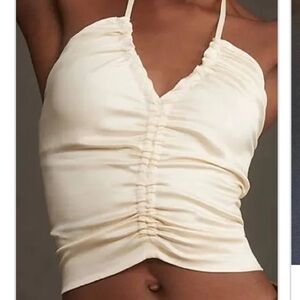 Mare Mare Anthropologie Ivory Satin Scrunch Accent Halter Top Smocked Back M